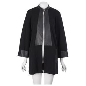 Anne Klein Topper Jacket XS Black Wool Genuine Leather Trim Pockets Classic